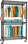 FUTASSI P1 Heavy Duty Garment Rack, 3 Tiers Adjustable Rolling Metal Closet Organizer with Lockable Wheels, FreeStanding Wardrobe with Double Hanger Rods & 1 Pair Hooks, Max Load 450 LBS, Black
