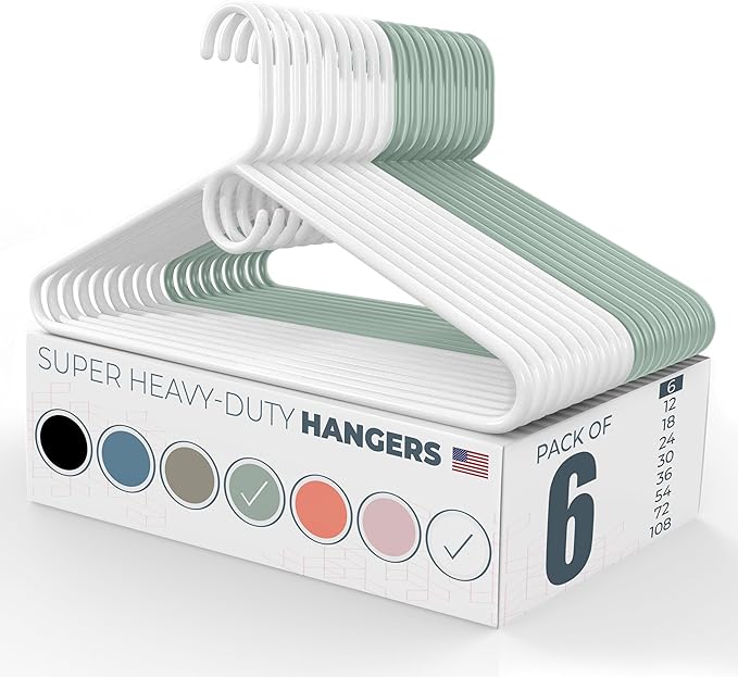 Neaties Super Heavy Duty Clothes Hangers 6 Pack – Made in the USA - 10lb Capacity, Thick Plastic Hangers for Pants, Coats, Jackets, Jeans and Adult Clothing – White & Mint