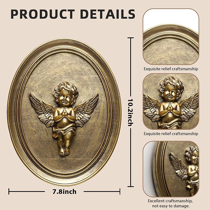 Vintage Cherub Wall Sculpture Antique Wall Decor Hand Painted with Embossed Cherub Design, Oval Aesthetic Room Decor, Vintage Decoration for Living Room Hallway and Bedroom,Unique Gifts