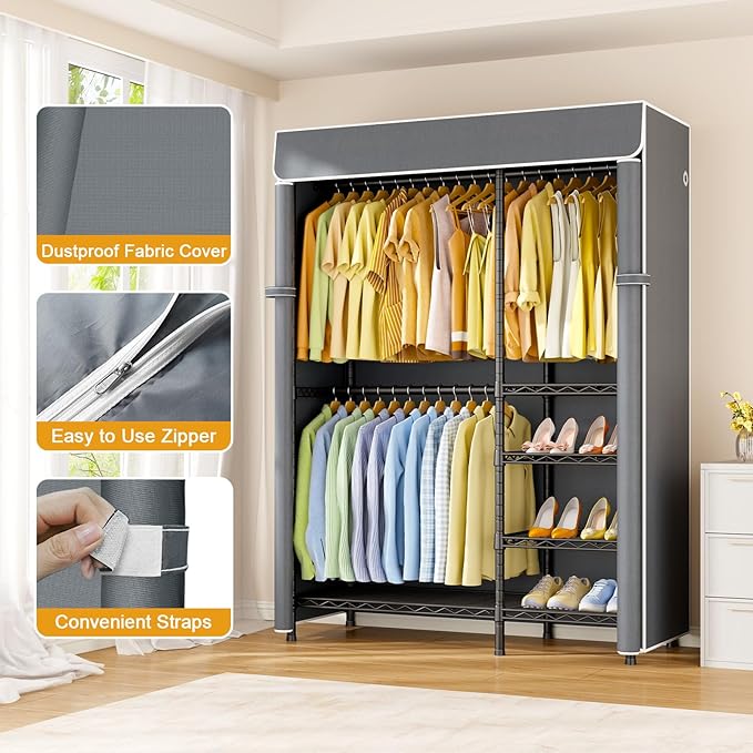 F2C Clothes Rack with Cover, Clothing Racks for Hanging Clothes, Heavy Duty Garment Rack with Shelves and Hanger Rods, Black Closet with Gray Cover, 47.2" W x 16.5" D x 78.3" H, Load 630lbs