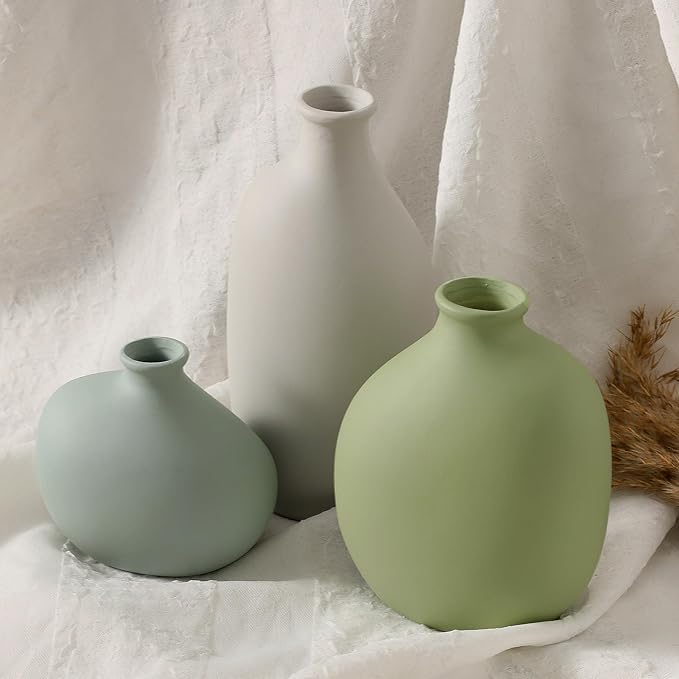 Ceramic Vase Set of 3, Small Rustic Farmhouse Pottery Vases for Home Decor, Perfect for Pampas Grass, Ideal for Living Room, Bedroom, Kitchen, Bathroom, Bookshelf, Table Centerpiece.