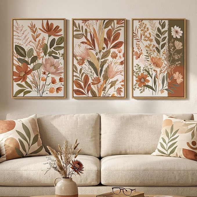 Framed Vintage Botanical Wall Art for Living Room Decor, 3 Piece Boho Warm Neutral Terracotta Floral Nature Canvas Prints, Retro Farmhouse Plant Wall Art for Bedroom Dining Room Entryway, 16x24