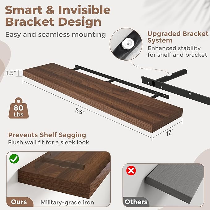 55 Inch Long Floating Shelves for Wall Set of 2, 12"D Wood Grain Bathroom Shelves with Invisible Brackets, Easy Install Engineered Wood Storage Shelves for Kitchen, Living Room, Bedroom, Walnut Finish