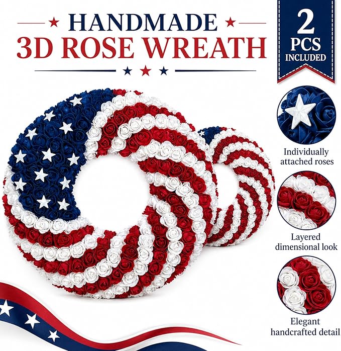 2 Pcs 18 Inch Patriotic Wreath for Front Door 4th of July Wreath Red White Blue Rose Front Door Decor Independence Memorial Artificial Rose Wreaths for 250th Anniversary Porch Wall Indoor Outdoor