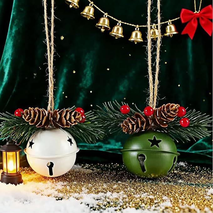 5 Pack Rustic Christmas Bell Ornaments with Pinecones & Berries - Metallic Hanging Decor for Christmas Tree,Mantel,Home (Green,Gold,Red,White)