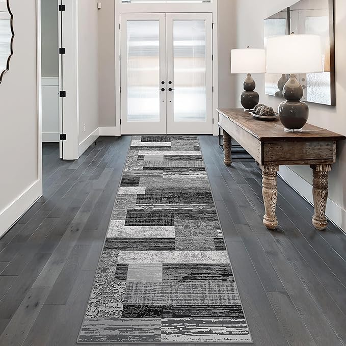 FlyDOIT Modern Geometric Patchwork Area Rug, 2.7x10 Grey Runner Rugs for Living Room, Rockwood Collection Indoor Rugs for Bedroom, Throw Carpet Floor Decor for Entryway Dining Room Office Nursery
