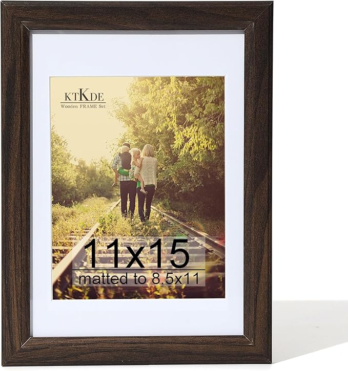 KTKDE 11x15 Picture Frame,Display Pictures 8.5x11 with Mat or 11x15 Without, Tempered Glass,15 by 11 Walnut Wooden Frame Wall Gallery Poster Frame best gift