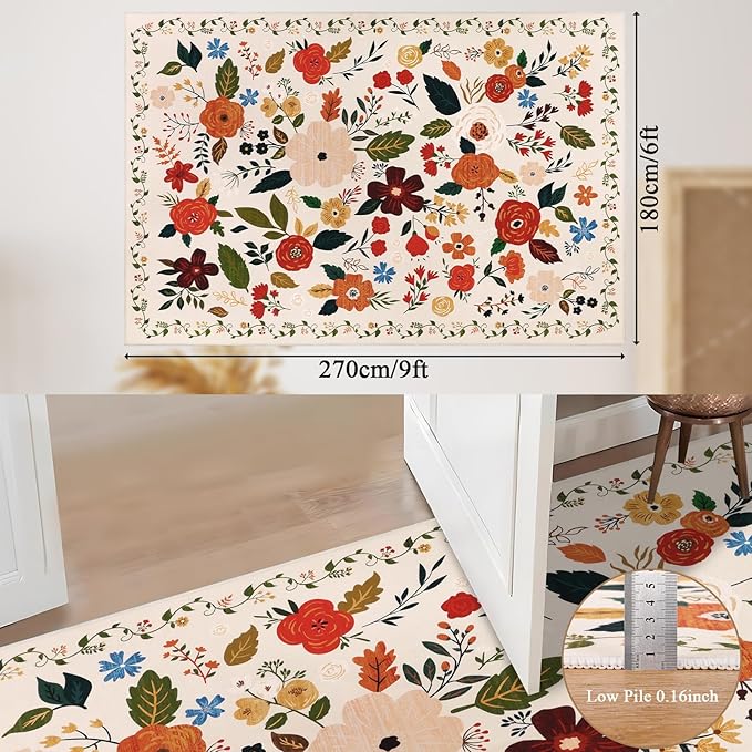 U'Artlines 6x9ft Floral Area Rug, Machine Washable Ultra Soft Low Pile Non Slip Non Shedding Accent Floor Carpet for Living Room, Bedroom, Dining Room, Office (Beige)