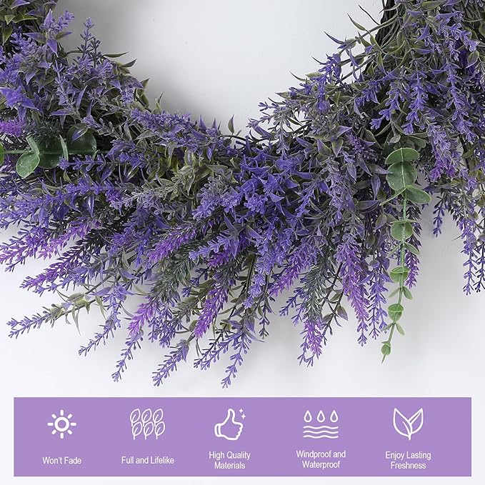 26" Lavender & Eucalyptus Wreath for Front Door - All Season Artificial Wreath for Spring and Summer, Indoor Outdoor Wall, Porch, Window, Rustic Farmhouse Home Decor