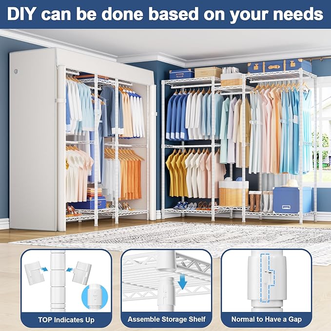 Ulif E12C Heavy Duty Closet Organizer System，Freestanding Clothing Rack, Adjustable Garment Rack 57.1" W x 16" D x 76.5" H Holds 860 lbs, White Clothing Rack with White Dustproof Cover