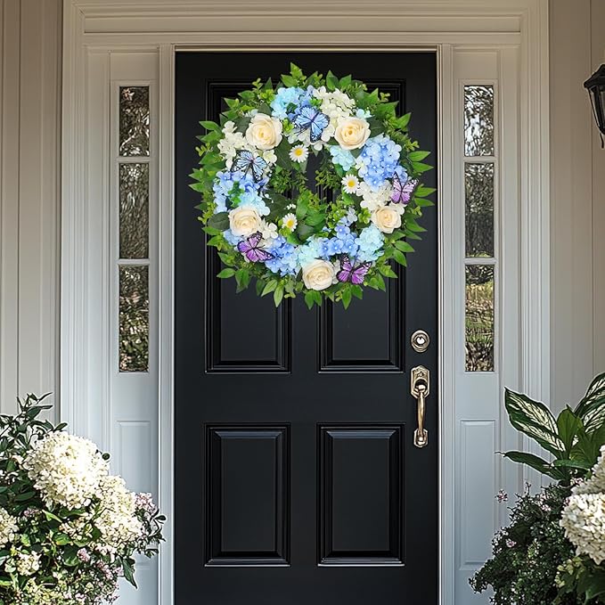 [Lighted & Timer] 24" Spring Summer Wreaths for Front Door Blue Hydrangea Wreath with Lights Butterfly Rose Daisies Artificial Floral Wreath for Home Wall Window Farmhouse Wedding Indoor Outdoor Decor