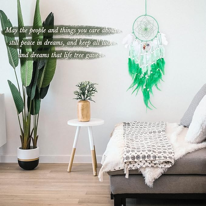 Dreamlike Butterfly Tree of Life Dream Catcher Wall Decor Green Dream Catcher with Crystal Stone Handmade Feather Dreamcatchers Home Decor Wall Hanging for Girls Bedroom Wedding Craft Gift-29.5"