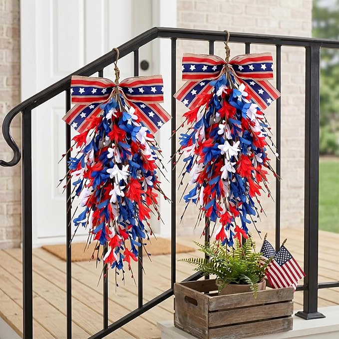 2 PCS 24'' Patriotic American Swag for Front Door 4th of July Teardrop Swags Independence Day Swags Wreath Red White Blue Flag Forsythia Flowers Hanging Swag for Memorial Day Flag Day Cabinet Decor