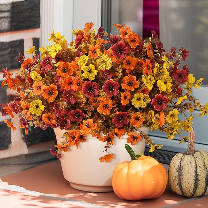 INQCMY Artificial Fake Fall Plants Flowers for Outdoor Outside Decoration,12 Bundles Faux Silk Colorful Daisy UV Resistant Look Real No Fade for Front Door Porch Patio Yard Balcony Autumn Decor
