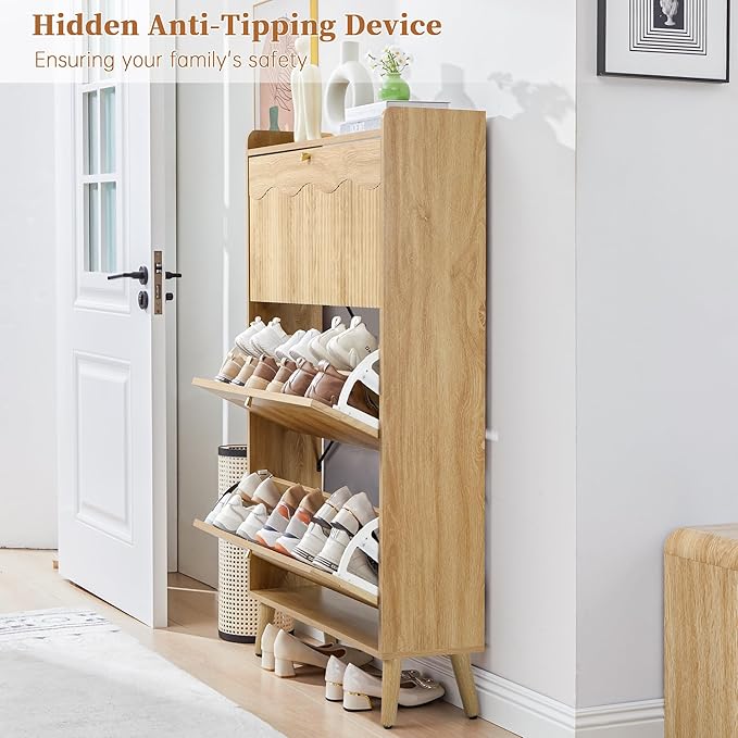 BERRYMERRY Shoe Storage Cabinet for Entryway with 3 Flip Drawers, 51.2” Tall Narrow Shoe Organizer with Wave Panel, Freestanding Wood Hidden Shoe Cabinet for Hallway