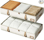 Vailando Under Bed Storage Containers, 6 Inches Tall 60L Underbed Storage Bins with Leather Handles and Sidewalls, Closet Organizer for Clothes, Blankets, Seasonal Items, Beige with Brown, 2-Pack