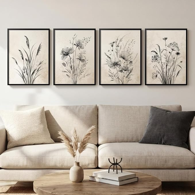 Framed Vintage Botanical Wall Art, 4 Piece Neutral Rustic Boho Floral Canvas Painting Prints for Modern Farmhouse, Black and White Flower Pictures for Living Room Bedroom Dining Room Wall Decor, 12x16