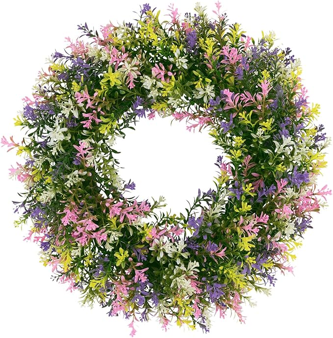 SHACOS Spring Wreath 17" Artificial Front Door Wreaths Pink Purple Yellow White Colorful Wreath for Home Wall Window Farmhouse Decoration 100% Plastic Indoor Outdoor