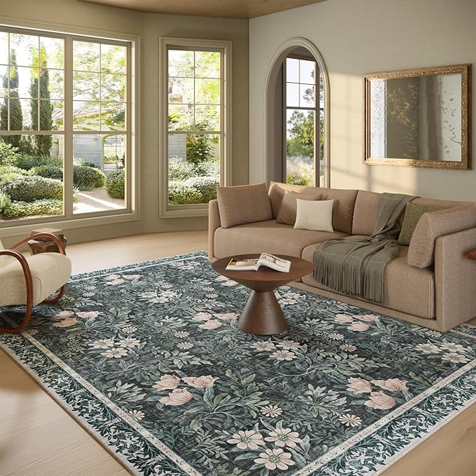 Washable 8x10 Area Rug - Light Green Vintage Floral with Ornate Border, Soft Low Pile Carpet for Living Room, Dining Room Under Table, Bedroom Non-Slip, Stain Resistant & Durable