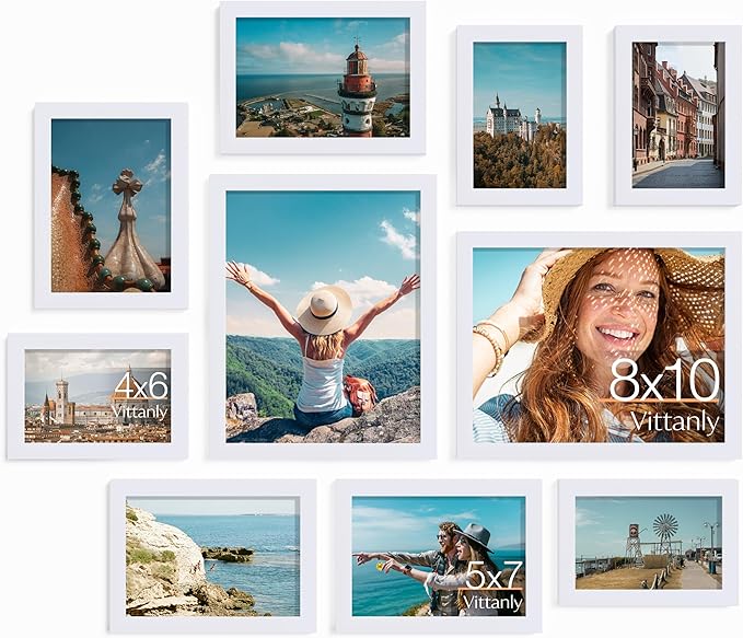 Vittanly 10 Pack Picture Frames Collage Wall Decor, Gallery Wall Frame Set for Wall or Tabletop Display, Engineered Wood and Shatter-resistant Plexiglass, Multi Sizes with 8x10, 5x7, 4x6 Frames, White