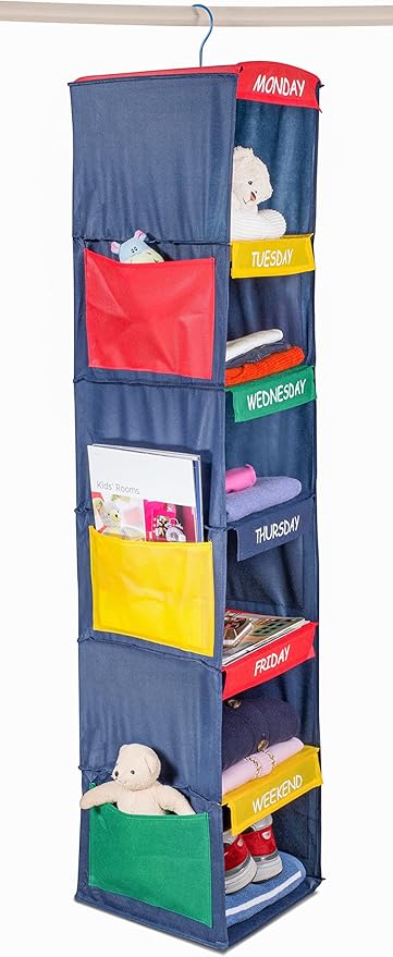 Handy Laundry Daily Activity Kids Closet Organizer, 11" X 11" X 48", Prepare & Organize a Week's Worth of Your Children's Clothing, Shoes and After School Activities, Hangs Directly on The Closet Rod