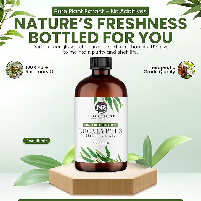 NaturoBliss 100% Pure Natural Undiluted Eucalyptus Essential Oil (4oz) Premium Therapeutic Grade Aromatherapy