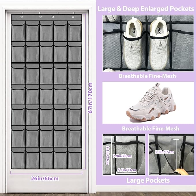 homyfort 35 Large Pockets Over the Door Shoe Organizer, Extra Sturdy Oxford Fabric Hanging Shoe Rack for Door Closet, Wall Mesh Shoe Storage Holder for Mens Women Shoes (Grey)