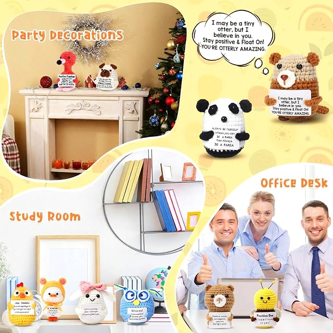 HunnmingRe 12 Pcs Cute Crochet Doll with Positive Card Soft Wool Animals Creative Knitting Dolls for Positive Support Inspirational Birthday Encouragement Gift(Animal Style)