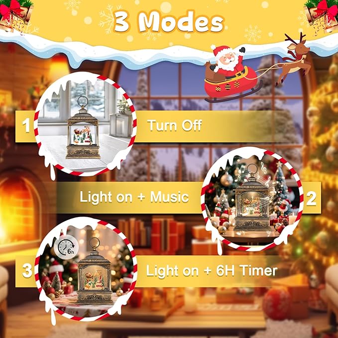 Christmas Snow Globes, Light Up Snow Globe with 6H Music Timer, Auto Snowfall, USB or Battery Powered, Christmas Globe with Santa Snow Globe Scene, Indoor Christmas Decorations for Home, Retro Gold