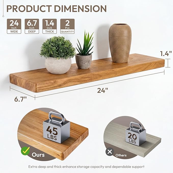 Marsmiles 24 inch Floating Shelves for Wall Solid Elm Wood Shelves|Rustic Wall Mounted Shelves with Heavy-Duty Invisible Bracket for Bathroom Living Room Kitchen|Rounded Edge Design|Natural, 2 Pack