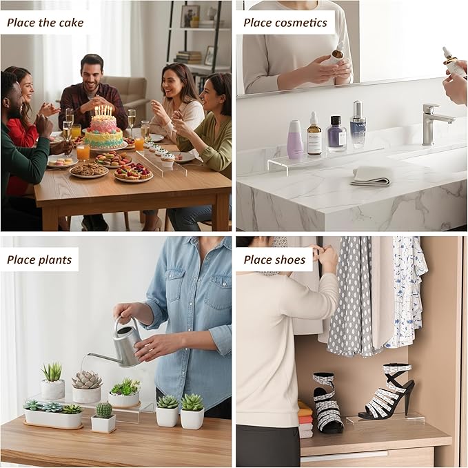 Sezanrpt Acrylic Shelf Riser 12x3.9x1 pack of 2, Clear Display Shelf 12” for Shoes, Glasses, Plants, Home Decors, Perfume, 12x3.9x1 Inch