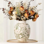Ceramic Rustic Vase, Green and Beige Flower Vintage Decorative Vase Chinoiserie Decor Rustic Farmhouse Retro Floral Vases for Table Bookshelf Mantel Kitchen Living Room Office- 7.8inch