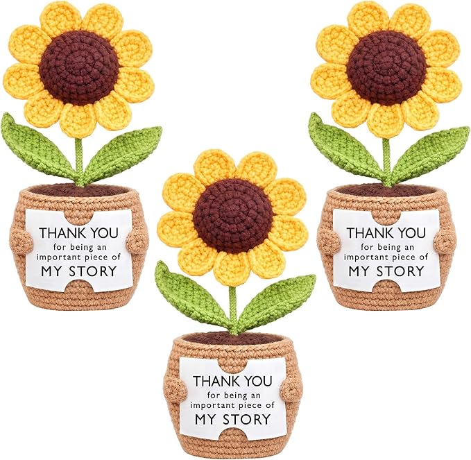 Wavwavw 3 Pack Teacher Appreciation Gift Positive Flower Handmade Crochet Doll Thank You for Helping Me Grow Gifts Back to School Gifts for Women Teacher(Puzzle Sunflower)
