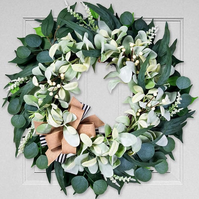 Artificial Wreaths for Front Door Year Round, 20-22" Green Eucalyptus Spring Summer Wreath with Lamb’s Ear Willow Ficus Leaves Bow, Modern Farmhouse Home Decor Porch Indoor Outdoor