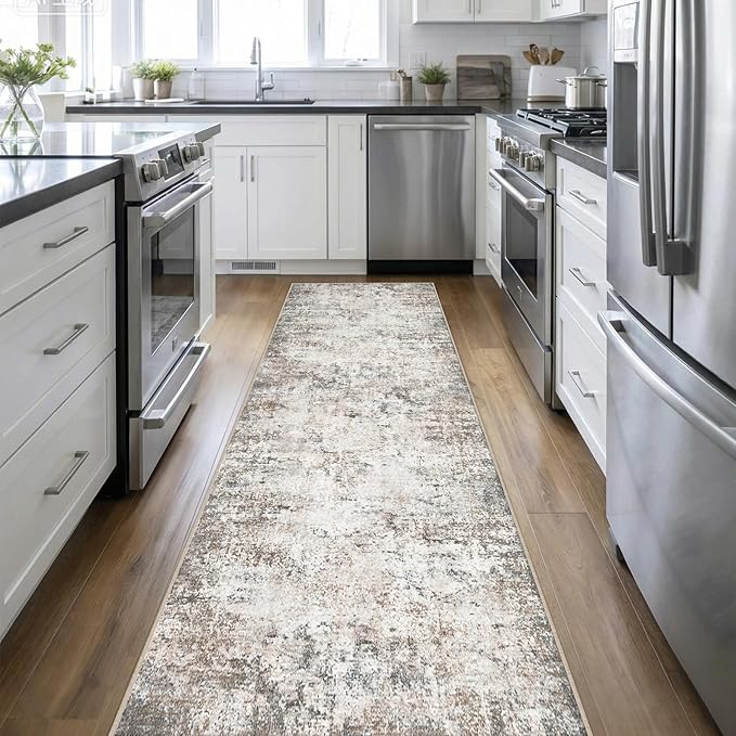 Washable Area Rug 3x14 Entryway Rug: Washable Modern Abstract Soft Thin Rug Indoor Floor No Slip Stain Resistant Carpet for Bedroom Dining Room Farmhouse Nursery Home Office - Brown Grey