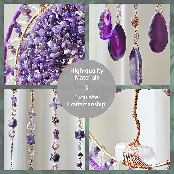 Tree Life Dream Catcher and Sun Catcher, Handmade Healing Crystal Boho Window Hanging for Home Decor, Rainbow Maker Wall Decor, for Women, Housewarming (Purple)