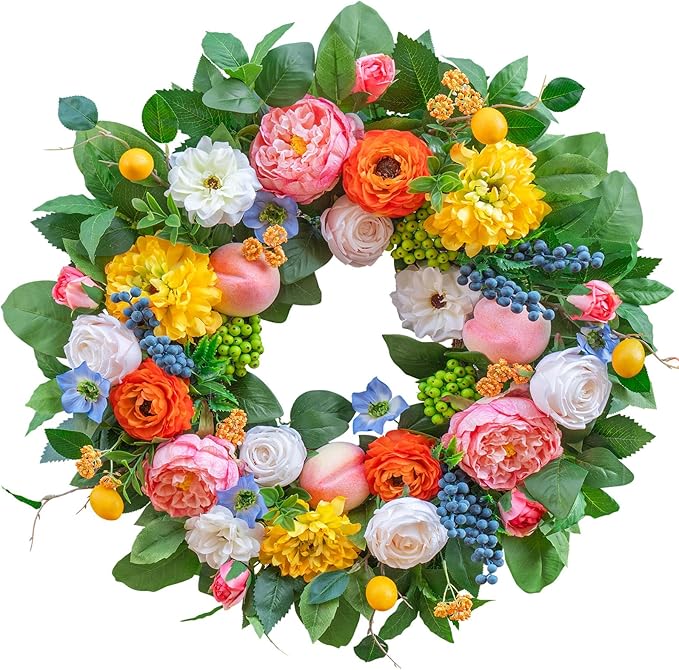 Pinkpuii Spring Wreaths for Front Door 24 Inch Vibrant Spring Summer Wreath with Peonies,Roses,Marigolds,Blueberries & Realistic Fruit Accents (Peach, Lemon)- Ideal for Porch,Entryway,Wall,Window