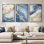 Large Framed Abstract Wall Art for Living Room, Modern Luxury 3 Piece Blue Gold White Prints Paintings for Walls, Elegant Marble Pattern Pictures for Dining Bedroom Hallway Office Home Decor 24x36 In