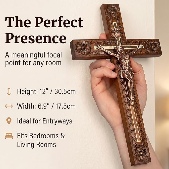 Woodvio - Hand carved wooden wall cross, Catholic crucifix