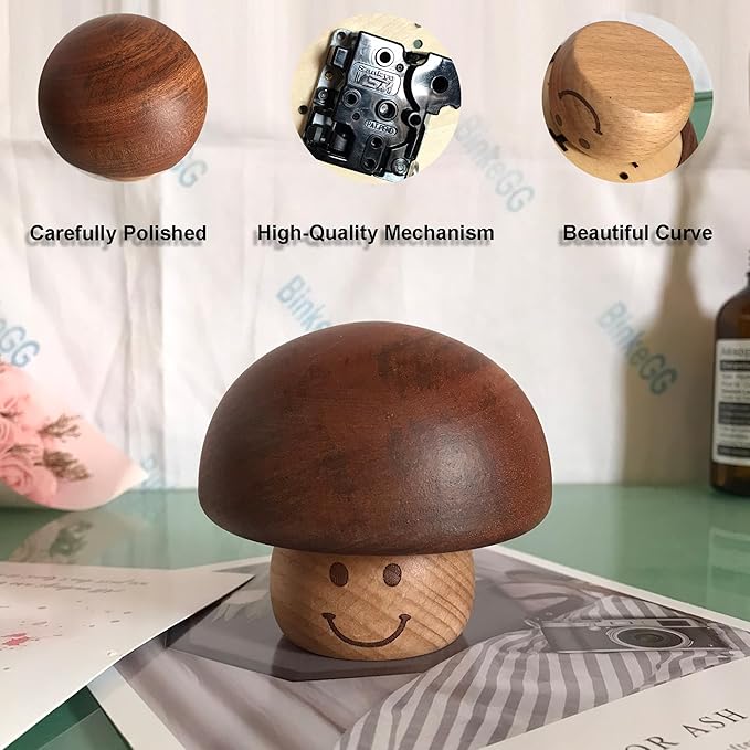 BinkeGG Play (Twinkle Twinkle Little Star) Walnut Mushroom Shaped Clockwork Music Box with Sankyo Musical Movement (65 Tunes Option)
