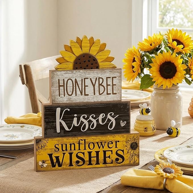 Lineshading 4 Pcs Summer Table Decor Wooden Sunflower Tiered Tray Decor Rustic Farmhouse Yellow Block Signs Gifts Summer Tabletop Centerpieces for Home Kitchen Coffee Bar Decorations