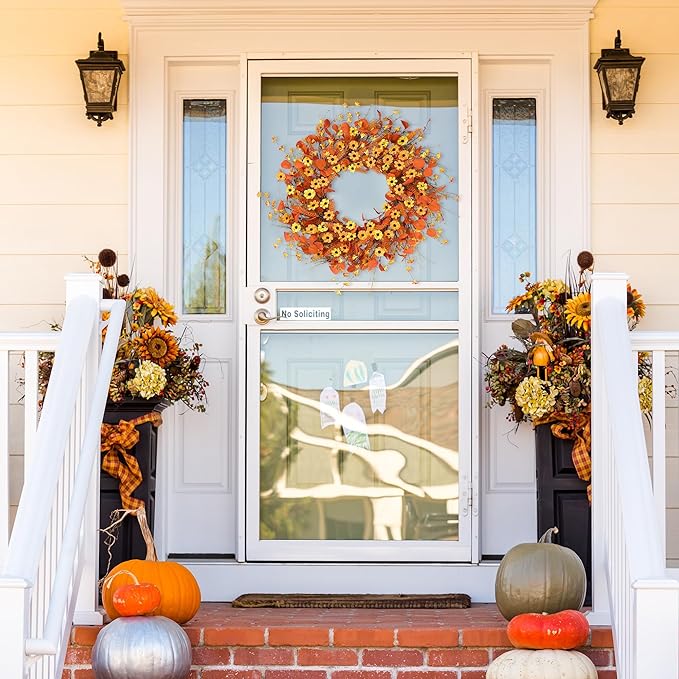 Sggvecsy Fall Wreath 24'' Autumn Harvest Daisy Wreath with Orange Eucalyptus Foam Leaves Grain Daisies Berries for Outside Indoor Home Wall Festival Thanksgiving Decor