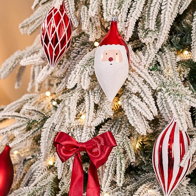 JORNOY Finial Christmas Ornaments for Tree Decorations, 150mm/6 in Shatterproof Plastic Hanging Large Tear Drop Baubles Bulk for Holiday Home Party Decor with String, 8 Pack, Red White