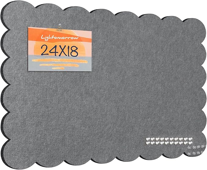 Lightomorrow Scalloped Bulletin Board, 24 x 18 Inches Felt Pin Board - Decorative Cork Alternative for Wall, Foldable Picture Self-Adhesive Vision Prayer Board with 20 Pushpins - Gray