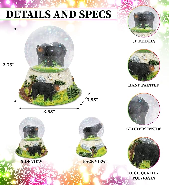 COTA Global Black Bear Stone Snow Globe - Sparkly Water Globe Figurine with Sparkling Glitter, Collectible Novelty Ornament for Home Decor, for Birthdays, Christmas, and Valentine's Day