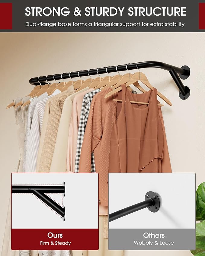 Pipe Clothing Rack - 37.5" Clothing Racks for Hanging Clothes with Dual Flange Base, Multifunctional Wall Mounted Clothes Rack for Bedroom, Entryway, Balcony, Black, 2-Pack