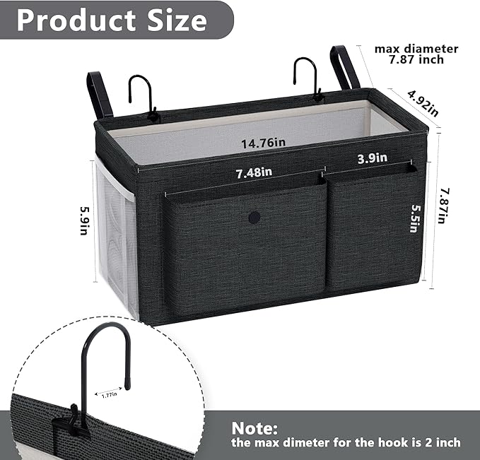 Edudif Bedside Caddy Bedside Organizer with Fixed Straps & Water Bottle Holder, Bunk Bed Caddy ideal for Home, Dorm, Hospital, Crib, Versatile Bedside Storage Solution