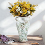 Enra Farmhouse Vintage vase with Handle,12.6 in Ceramic Chinoiserie Floral Vase,Green and Beige Decorative Flower vase,Large Rustic Vases for Home Decors, Living Room, Bookshelf, Office