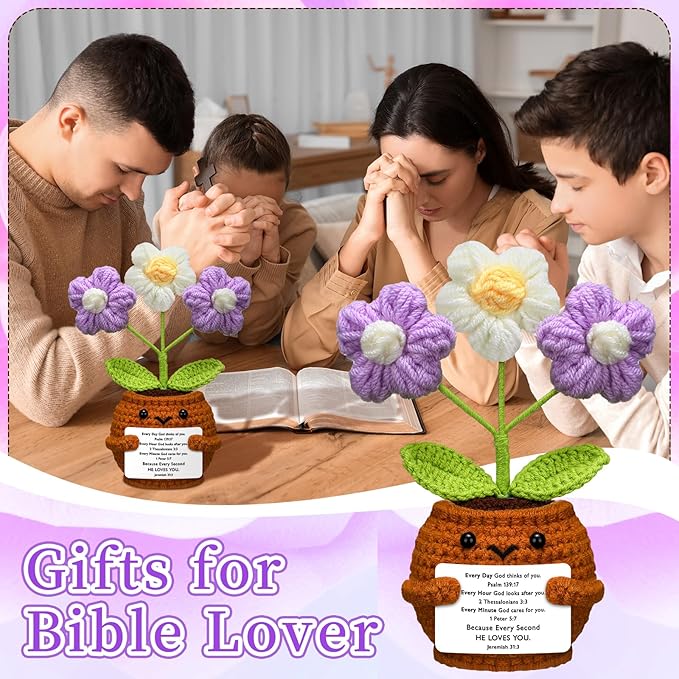 Wavwavw Christian Gift for Women Positive Handmade Crochet Doll with Bible Verse Prayer Card Inspirational Scripture Religious Crochet for Christmas Sunday Group Church(Purple Puff Flower)