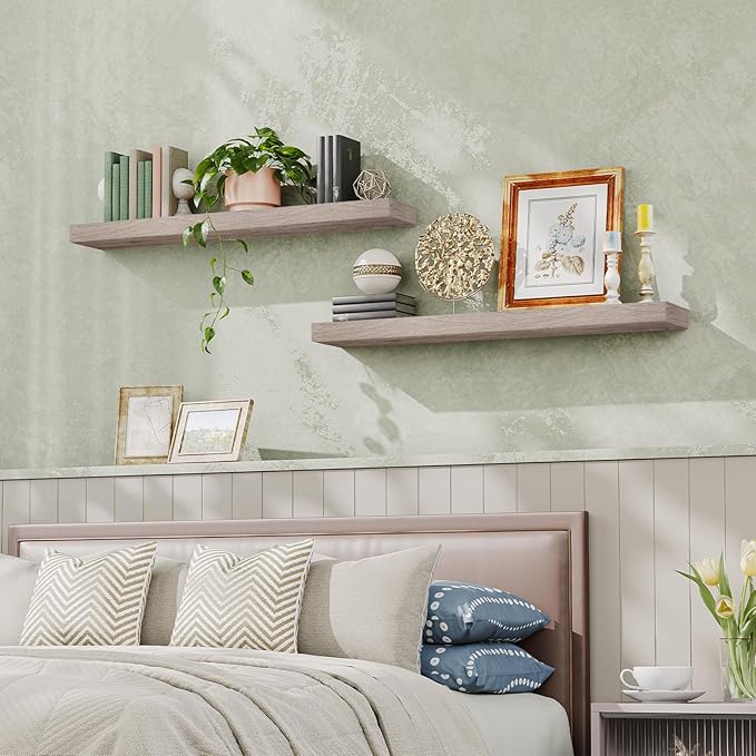 HOOBRO Floating Shelves for Wall, Wall Mounted Shelf Set of 2, 47.2" Hanging Shelf with Invisible Brackets, for Wall Decor Storage in Bathroom Bedroom Kitchen Living Room Office, Greige BG120BJP201